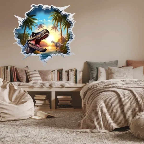 Personne en train d’appliquer un sticker dinosaure 3D au mur