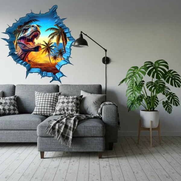 Enfant à côté d’un sticker 3D dinosaure taille 1 mètre