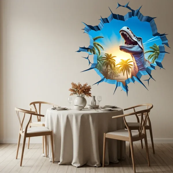 Sticker dinosaure 3D sur un mur dans une pièce épurée