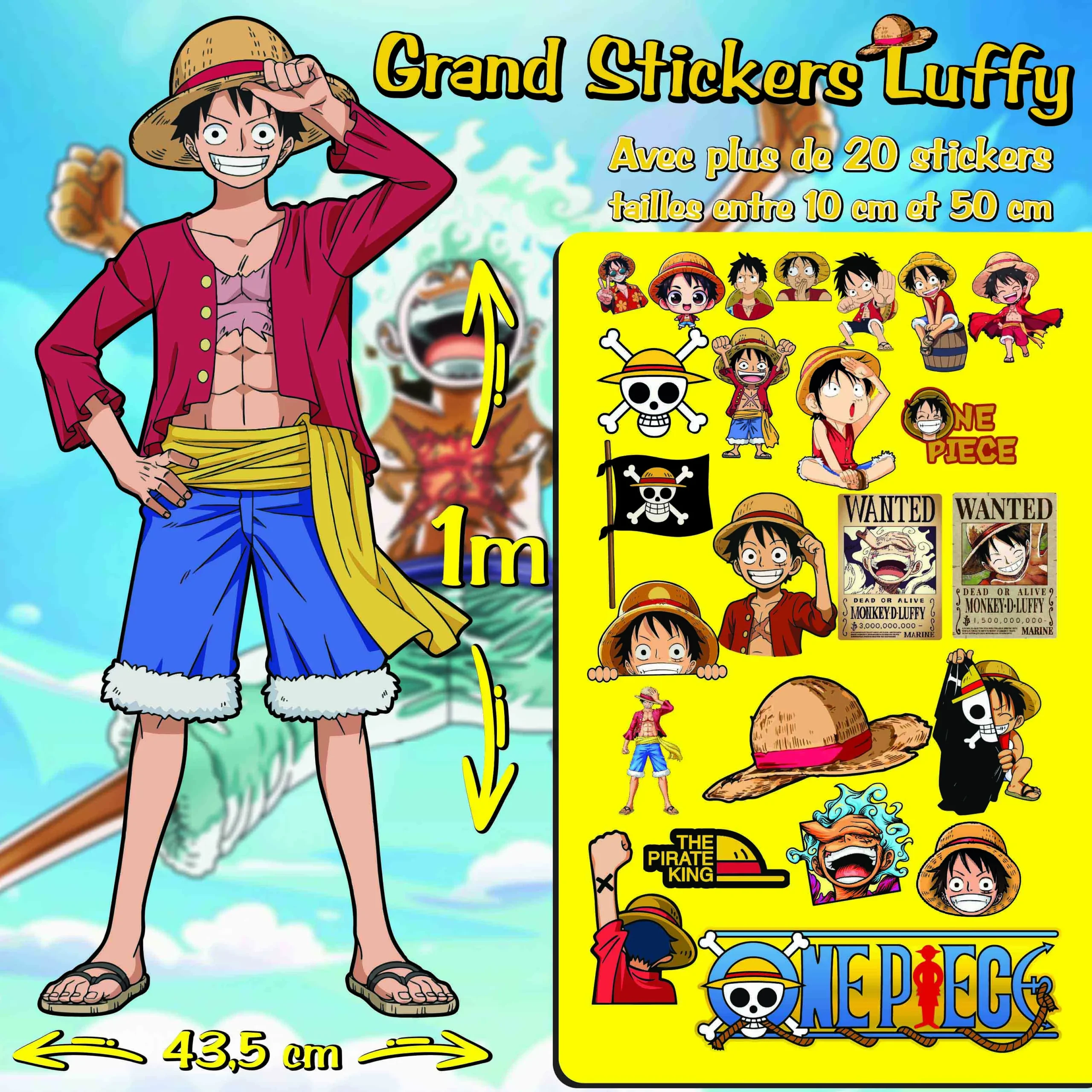 Lot de plus de 20 autocollants One Piece de tailles variées.