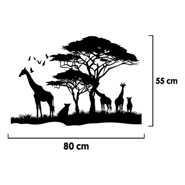 Sticker noir et blanc représentant des girafes, un léopard et des arbres de savane posé sur un mur