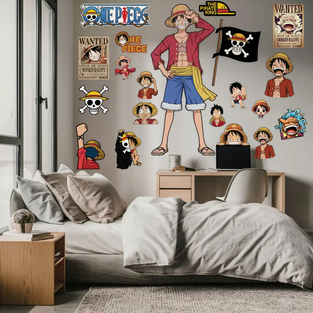 Pack complet de stickers One Piece avec Luffy en grand format et 20+ autocollants variés.