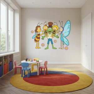 Sticker mural avec Maya l’abeille et ses amis dans un décor naturel coloré