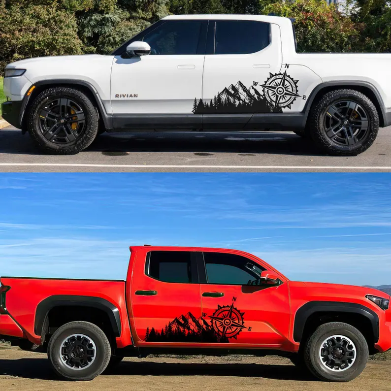 Sticker voiture en vinyle découpé – Boussole et montagnes avec autocollants gauche et droit